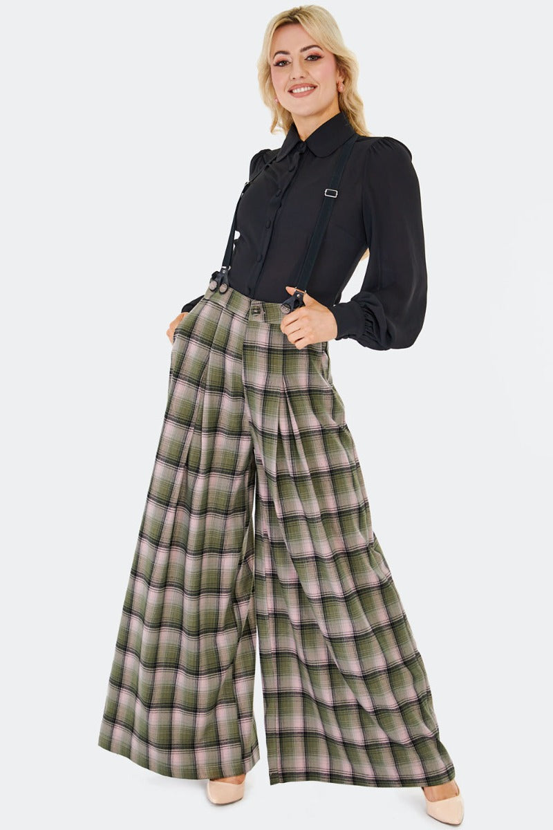Green Plaid Wide Leg Suspender Trouser Pants