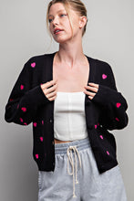Load image into Gallery viewer, Hot Pink Embroidered Hearts Black Cropped Cardigan
