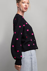Hot Pink Embroidered Hearts Black Cropped Cardigan