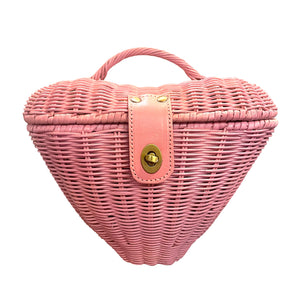 Candy Pink Heart Rattan Wicker Purse