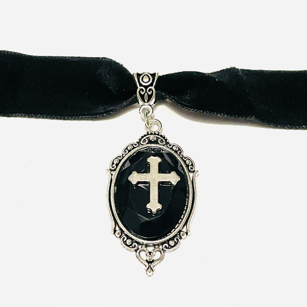 Cross Cameo Velvet Ribbon Choker Necklace