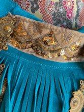 Load image into Gallery viewer, Teal Suede Triangle Fringe and Gold Embellishment Purse
