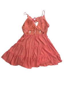 Hot Pink Halter Neck Lace Trim Ruffle Mini Dress