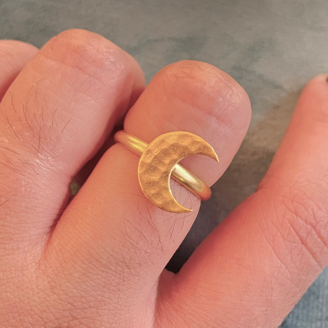Golden Hammered Crescent Moon Adjustable Ring