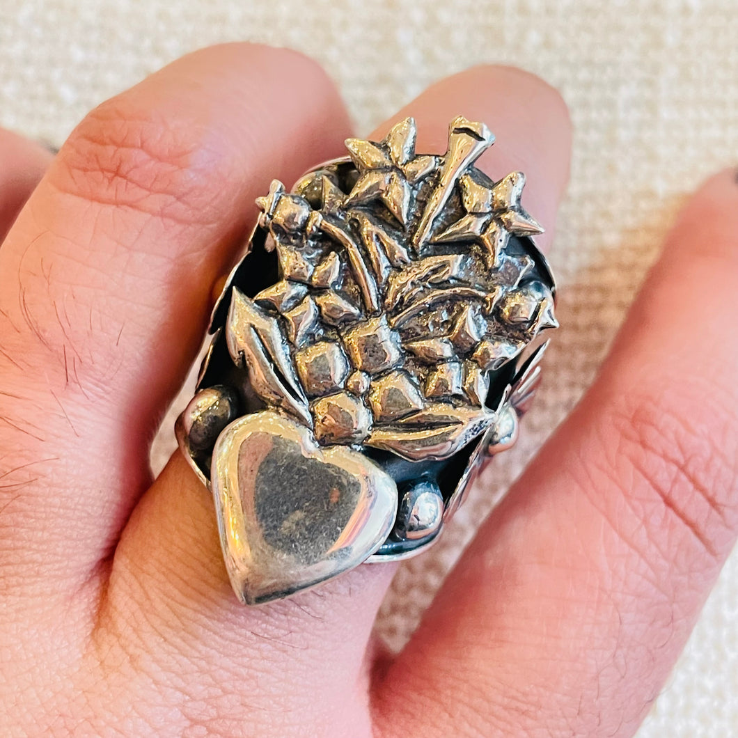 Floral Bouquet Sacred Heart Sterling Silver Cuff Ring