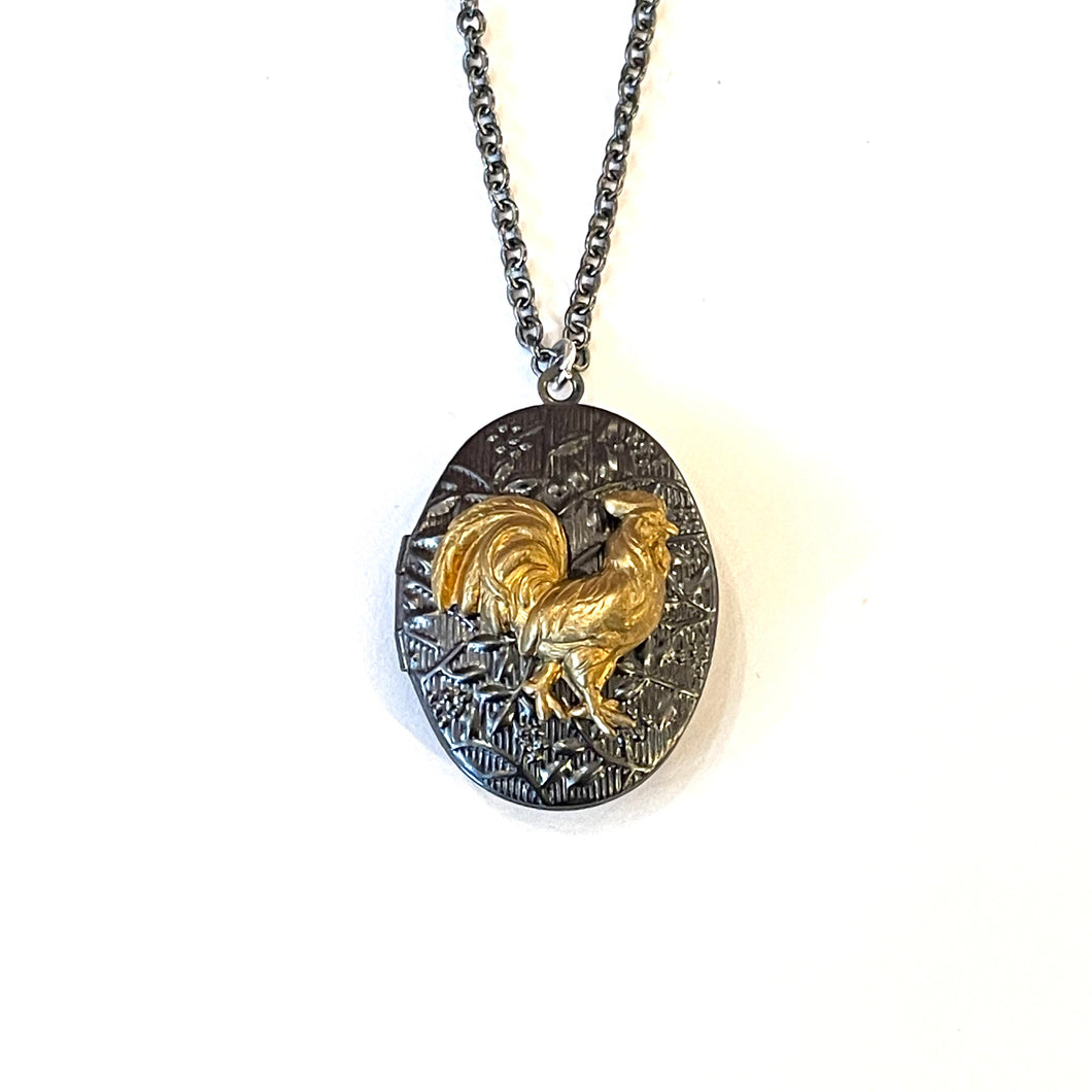 Floral Rooster Locket Necklace