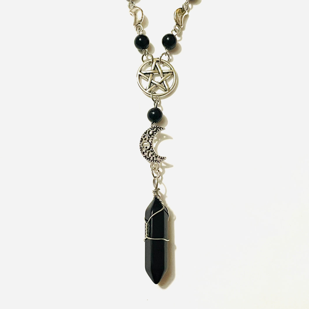 Black Wrapped Crystal with Pentagram and Moons Rosary Style Necklace