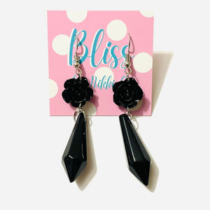 Black Drop Stone and Rose Statement Earrings