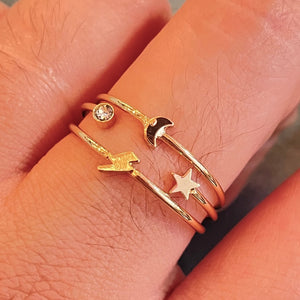 Moon, Star, and Bolt Multilayer Delicate Bands Ring