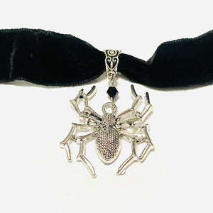 Silver Spider Velvet Ribbon Choker Necklace