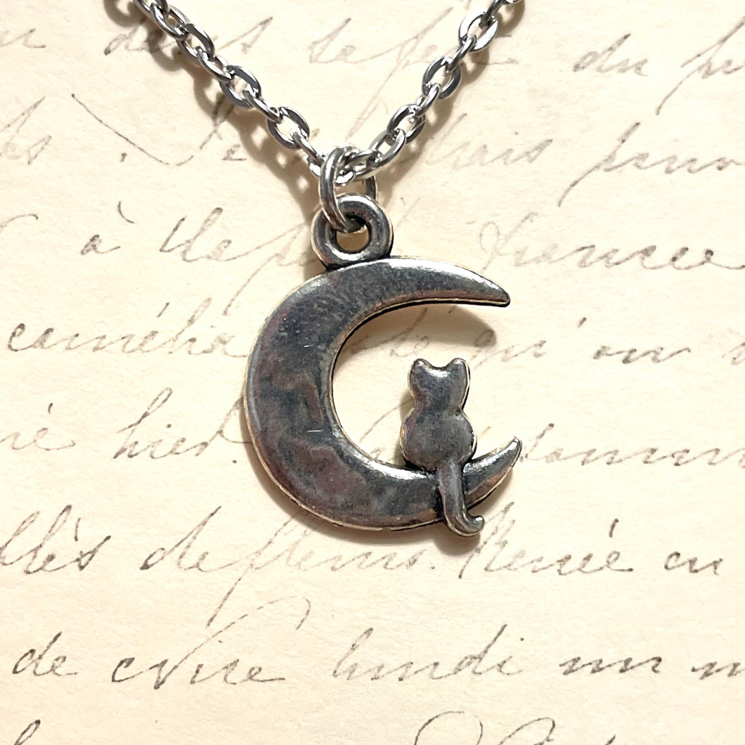 Hammered Moon Cat Charm Necklace
