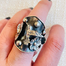 Load image into Gallery viewer, Hummingbird Floral Cuff Sterling Silver Ring

