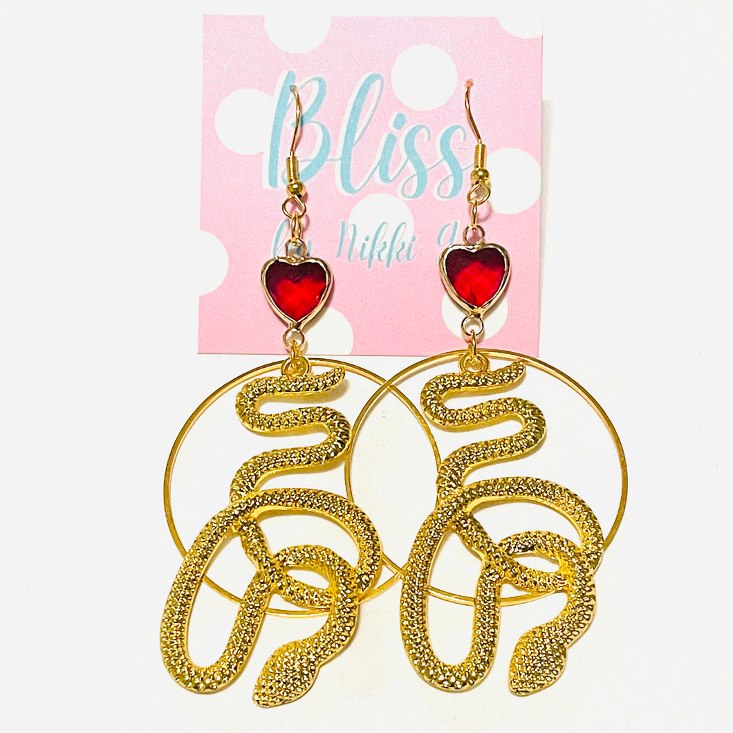 Gold Snake and Crystal Heart Statement Earrings