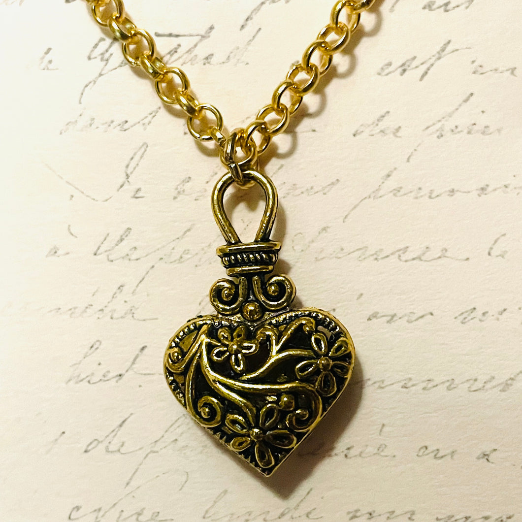 Gold Filigree Heart Charm Necklace