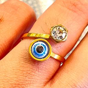 Evil Eye and Rhinestone Dainty Adjustable Ring