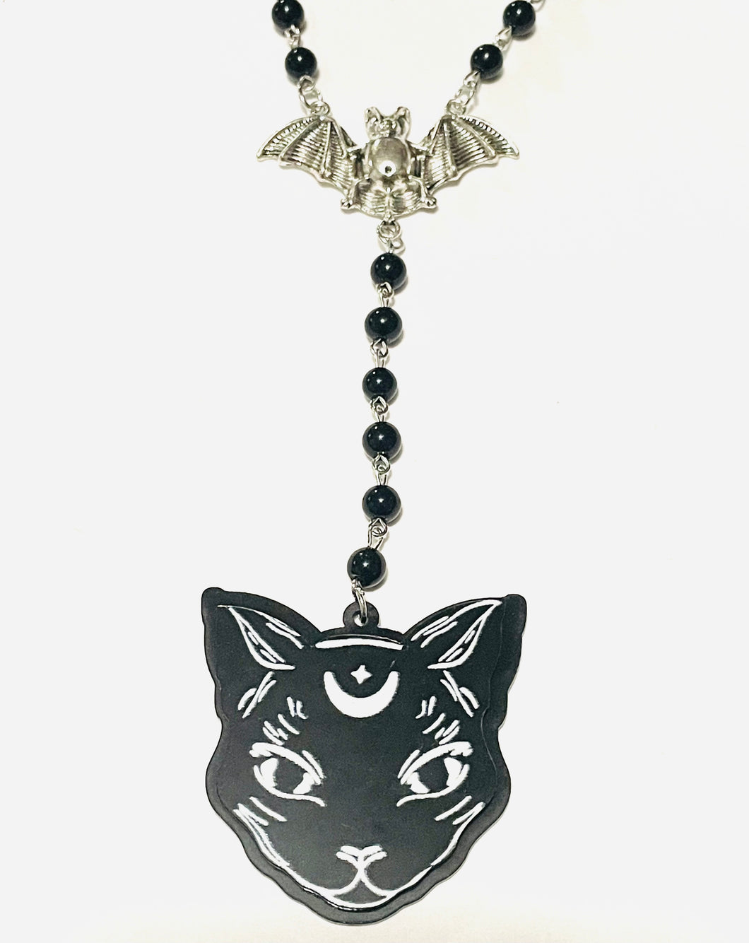 Bat and Mystical Cat Rosary Style Necklace