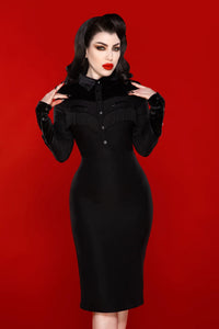 Loretta Black Velvet and Fringe Accent Wiggle Dress