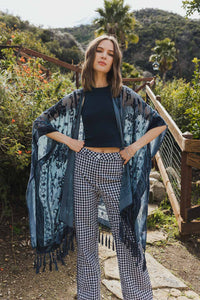 Blue Velvet Mesh Tapestry Tassel Kimono