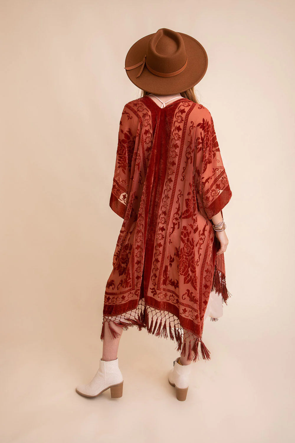 Rust Velvet Mesh Tapestry Tassel Kimono