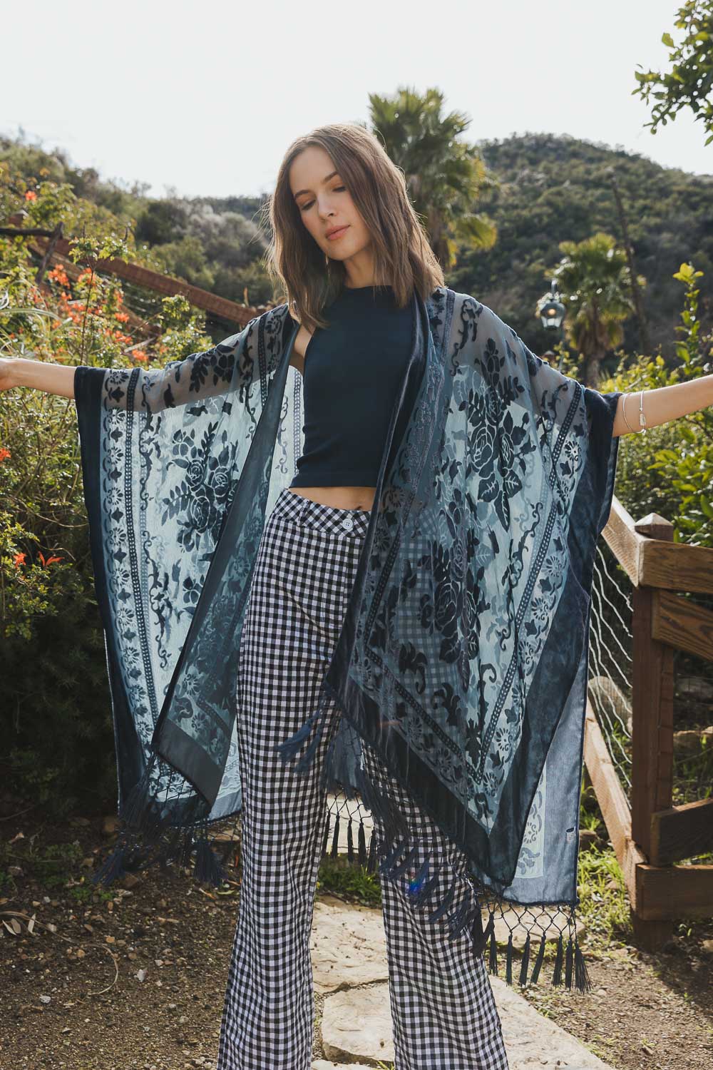 Blue Velvet Mesh Tapestry Tassel Kimono