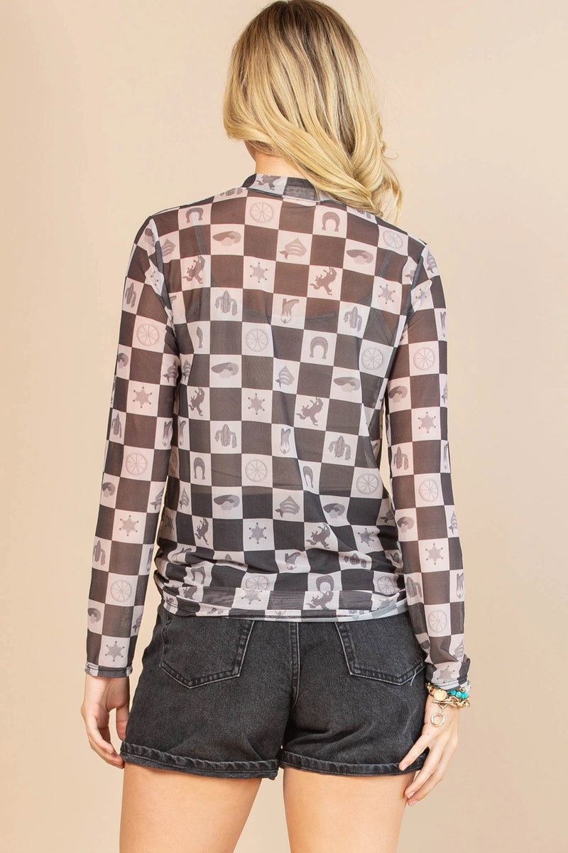 Gabby Western Checkers Print Semi Sheer Mesh Top – Pink House Boutique