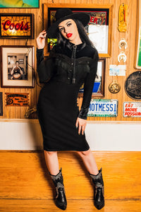 Loretta Black Velvet and Fringe Accent Wiggle Dress