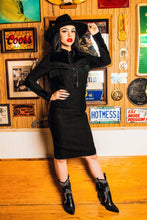 Load image into Gallery viewer, Loretta Black Velvet and Fringe Accent Wiggle Dress
