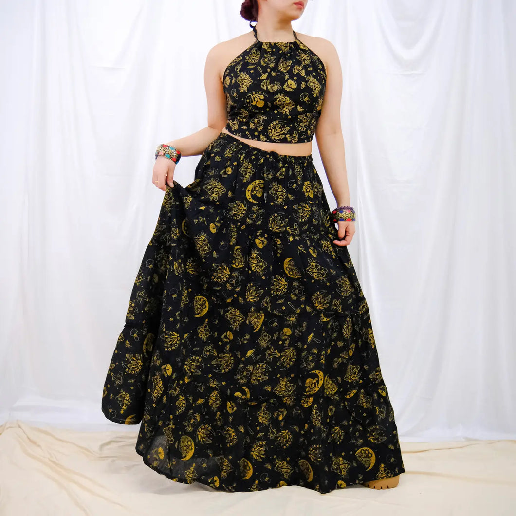 Dreamy Celestial Mushroom Tiered Maxi Skirt