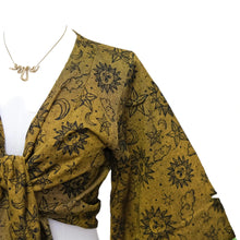Load image into Gallery viewer, Mannequin wearing a mustard yellow scarf with black celestial pattern against a white background
