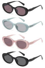 Load image into Gallery viewer, Four pairs of sunglasses in black, light blue, pink, and black with gray lenses on a white background.
