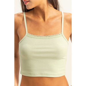 Pastel Green Lace Trim Square Neckline Sleeveless Crop Top