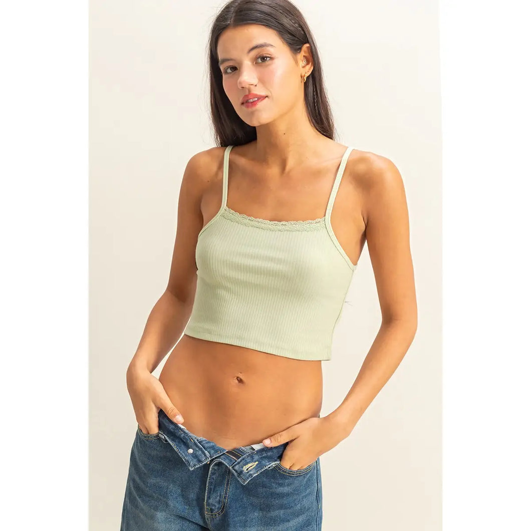Pastel Green Lace Trim Square Neckline Sleeveless Crop Top
