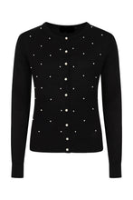 Load image into Gallery viewer, Black cardigan with white button and pearl details on a white background
