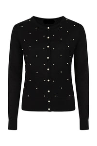 Black cardigan with white button and pearl details on a white background