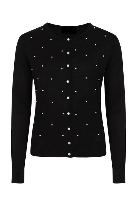 Black cardigan with white button and pearl details on a white background