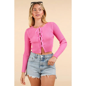 Pink Ribbow Bow Trim Fitted Cardigan