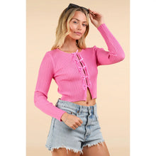 Load image into Gallery viewer, Pink Ribbow Bow Trim Fitted Cardigan
