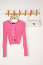 Load image into Gallery viewer, Pink Ribbow Bow Trim Fitted Cardigan
