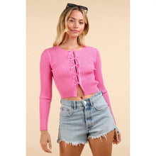 Load image into Gallery viewer, Pink Ribbow Bow Trim Fitted Cardigan
