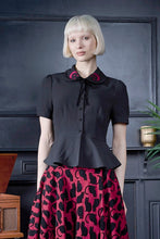 Load image into Gallery viewer, Red Moon and Star Embroidered Collar Peplum Button Down Top
