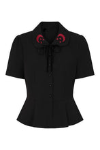 Load image into Gallery viewer, Red Moon and Star Embroidered Collar Peplum Button Down Top
