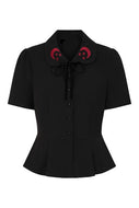 Red Moon and Star Embroidered Collar Peplum Button Down Top