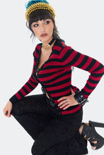 Load image into Gallery viewer, Red and Black Striped Lace Up Cardigan
