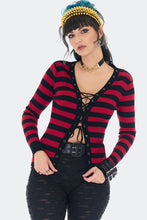 Load image into Gallery viewer, Red and Black Striped Lace Up Cardigan
