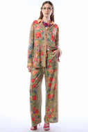 Woman wearing a floral outfit on a white background