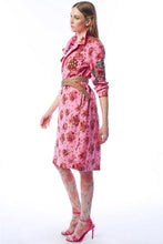 Load image into Gallery viewer, Woman wearing a pink floral coat dress with a belt on a white background
