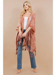 Rose Velvet Burnout Tassel Kimono