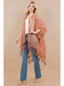 Rose Velvet Burnout Tassel Kimono