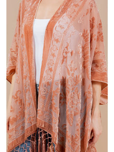 Rose Velvet Burnout Tassel Kimono