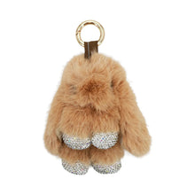 Load image into Gallery viewer, Brown fluffy keychain purse charm with rhinestone details on a white background
